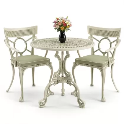 Yuvarlak 2 Kişilik alüminyum döküm masa, Ferfforje sandalye metal  balkon bahçe takımı yeşil patina