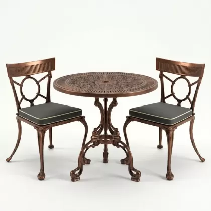 Yuvarlak 2 Kişilik alüminyum döküm masa, Ferfforje sandalye metal  balkon bahçe takımı bakır eskitme