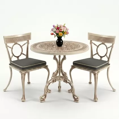 Yuvarlak 2 Kişilik alüminyum döküm masa, Ferfforje sandalye metal  balkon bahçe takımı beyaz eskitme