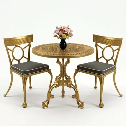 Yuvarlak 2 Kişilik alüminyum döküm masa, Ferfforje sandalye metal  balkon bahçe takımı gold altın