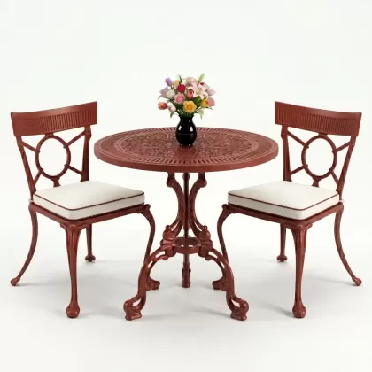 Yuvarlak 2 Kişilik alüminyum döküm masa, Ferfforje sandalye metal  balkon bahçe takımı kırmızı kiremit