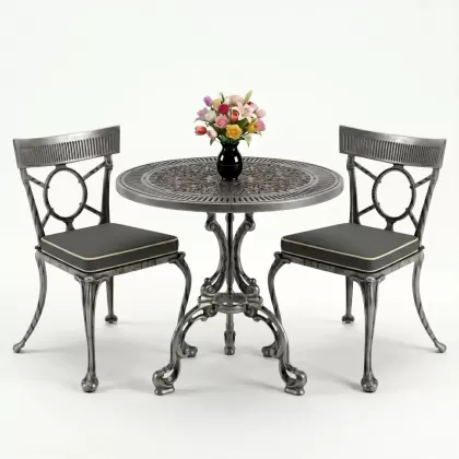 Yuvarlak 2 Kişilik alüminyum döküm masa, Ferfforje sandalye metal  balkon bahçe takımı gümüş silver