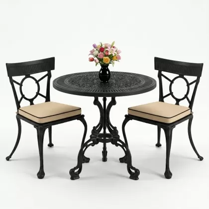 Yuvarlak 2 Kişilik alüminyum döküm masa, Ferfforje sandalye metal  balkon bahçe takımı siyah