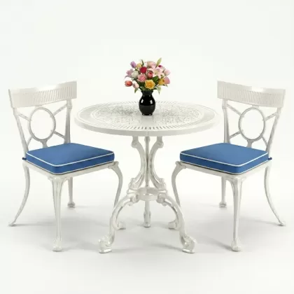 Yuvarlak 2 Kişilik alüminyum döküm masa, Ferfforje sandalye metal  balkon bahçe takımı beyaz