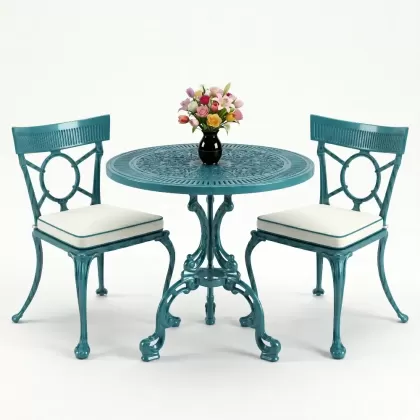 Yuvarlak 2 Kişilik alüminyum döküm masa, Ferfforje sandalye metal  balkon bahçe takımı turkuaz