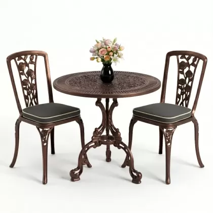 Yuvarlak 2 Kişilik alüminyum döküm masa, Ferfforje sandalye metal  balkon bahçe takımı bakır eskitme