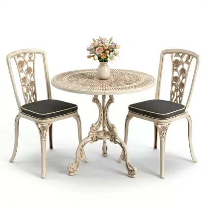 Yuvarlak 2 Kişilik alüminyum döküm masa, Ferfforje sandalye metal  balkon bahçe takımı beyaz eskitme