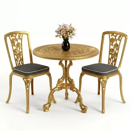 Yuvarlak 2 Kişilik alüminyum döküm masa, Ferfforje sandalye metal  balkon bahçe takımı gold altın