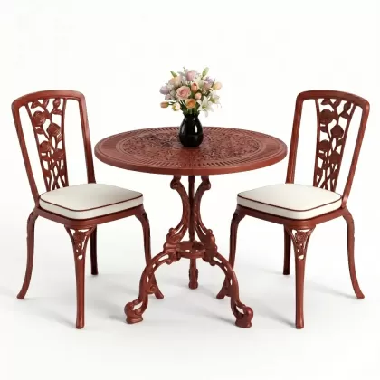 Yuvarlak 2 Kişilik alüminyum döküm masa, Ferfforje sandalye metal  balkon bahçe takımı kiremit kırmızı