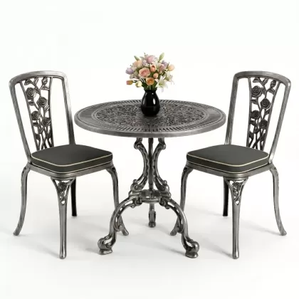Yuvarlak 2 Kişilik alüminyum döküm masa, Ferfforje sandalye metal  balkon bahçe takımı gümüş silver