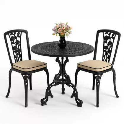 Yuvarlak 2 Kişilik alüminyum döküm masa, Ferfforje sandalye metal  balkon bahçe takımı siyah