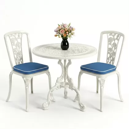 Yuvarlak 2 Kişilik alüminyum döküm masa, Ferfforje sandalye metal  balkon bahçe takımı beyaz