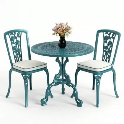 Yuvarlak 2 Kişilik alüminyum döküm masa, Ferfforje sandalye metal  balkon bahçe takımı turkuaz