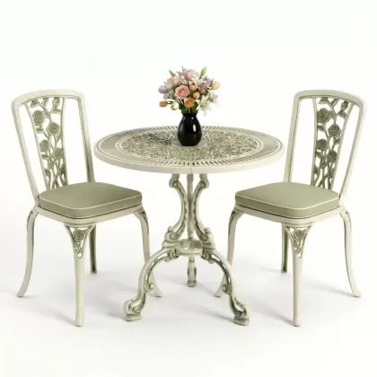 Yuvarlak 2 Kişilik alüminyum döküm masa, Ferfforje sandalye metal  balkon bahçe takımı yeşil patina