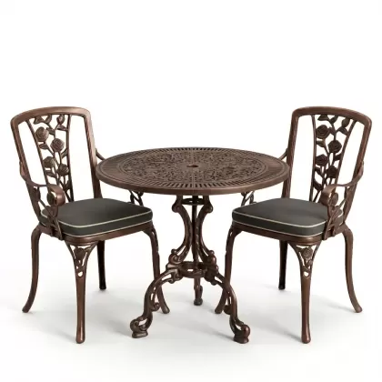 Yuvarlak 2 Kişilik alüminyum döküm masa, Ferfforje sandalye metal  balkon bahçe takımı bakır esklitme
