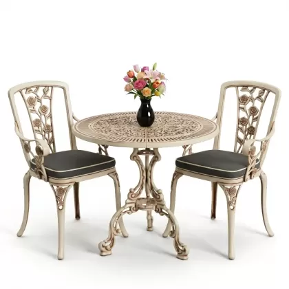Yuvarlak 2 Kişilik alüminyum döküm masa, Ferfforje sandalye metal  balkon bahçe takımı beyaz eskitme