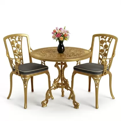 Yuvarlak 2 Kişilik alüminyum döküm masa, Ferfforje sandalye metal  balkon bahçe takımı gold altın
