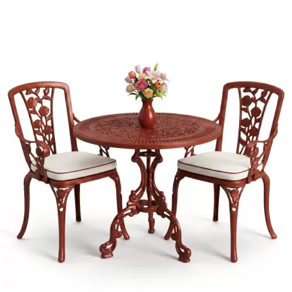 Yuvarlak 2 Kişilik alüminyum döküm masa, Ferfforje sandalye metal  balkon bahçe takımı kiremit kırmızı