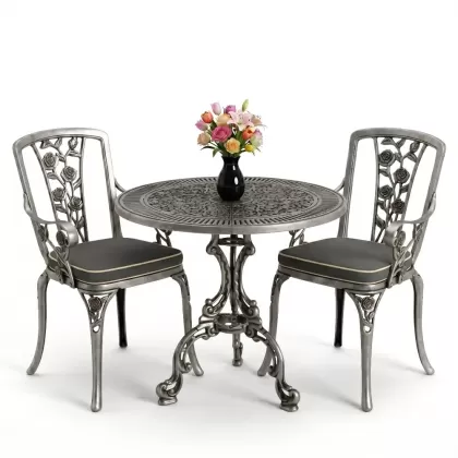 Yuvarlak 2 Kişilik alüminyum döküm masa, Ferfforje sandalye metal  balkon bahçe takımı gümüş silver