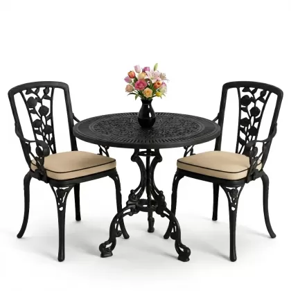 Yuvarlak 2 Kişilik alüminyum döküm masa, Ferfforje sandalye metal  balkon bahçe takımı siyah