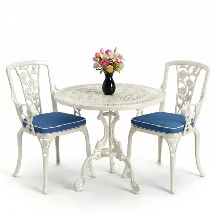 Yuvarlak 2 Kişilik alüminyum döküm masa, Ferfforje sandalye metal  balkon bahçe takımı beyaz