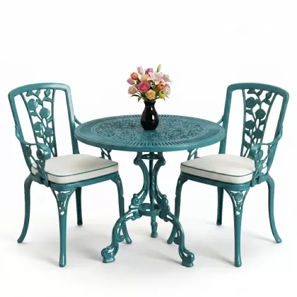 Yuvarlak 2 Kişilik alüminyum döküm masa, Ferfforje sandalye metal  balkon bahçe takımı turkuaz