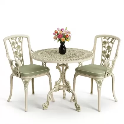 Yuvarlak 2 Kişilik alüminyum döküm masa, Ferfforje sandalye metal  balkon bahçe takımı yeşil patina