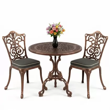 Yuvarlak 2 Kişilik alüminyum döküm masa, Ferfforje sandalye metal  balkon bahçe takımı bakır eskitme