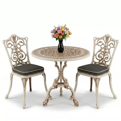 Yuvarlak 2 Kişilik alüminyum döküm masa, Ferfforje sandalye metal  balkon bahçe takımı beyaz eskitme