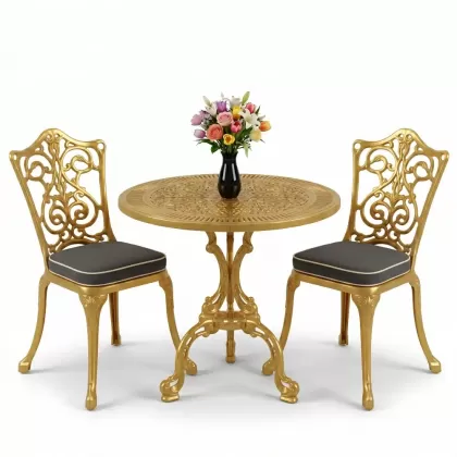 Yuvarlak 2 Kişilik alüminyum döküm masa, Ferfforje sandalye metal  balkon bahçe takımı gold altın