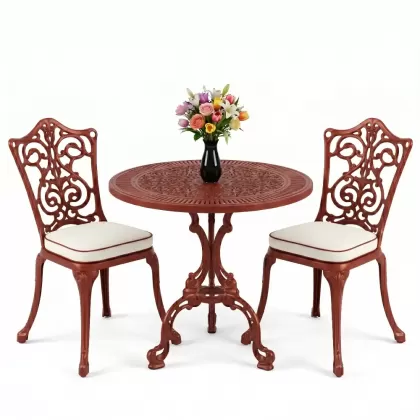 Yuvarlak 2 Kişilik alüminyum döküm masa, Ferfforje sandalye metal  balkon bahçe takımı kiremit kırmızı