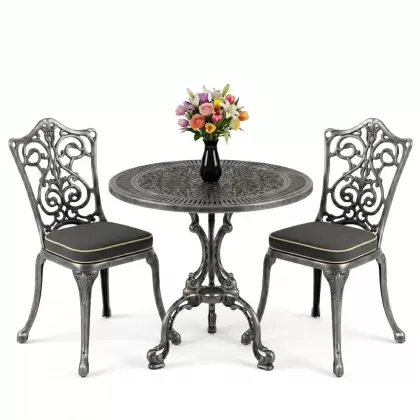 Yuvarlak 2 Kişilik alüminyum döküm masa, Ferfforje sandalye metal  balkon bahçe takımı silver gümüş
