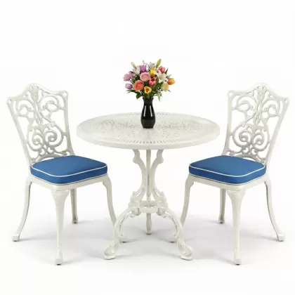 Yuvarlak 2 Kişilik alüminyum döküm masa, Ferfforje sandalye metal  balkon bahçe takımı beyaz