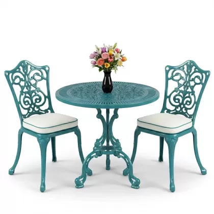 Yuvarlak 2 Kişilik alüminyum döküm masa, Ferfforje sandalye metal  balkon bahçe takımı turkuaz
