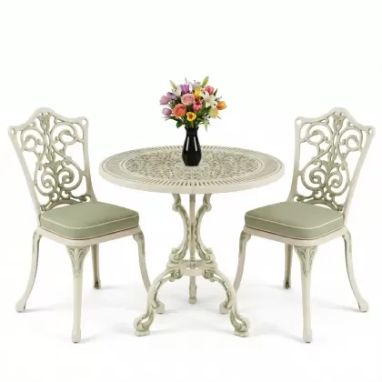 Yuvarlak 2 Kişilik alüminyum döküm masa, Ferfforje sandalye metal  balkon bahçe takımı yeşil patina