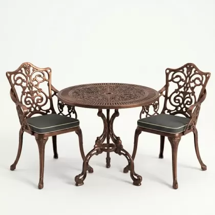 Yuvarlak 2 Kişilik alüminyum döküm masa, Ferfforje sandalye metal  balkon bahçe takımı bakır eskitme