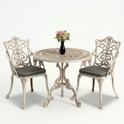 Yuvarlak 2 Kişilik alüminyum döküm masa, Ferfforje sandalye metal  balkon bahçe takımı beyaz eskitme