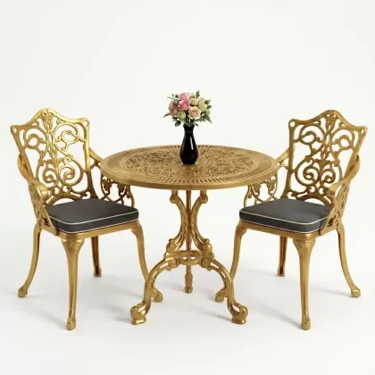 Yuvarlak 2 Kişilik alüminyum döküm masa, Ferfforje sandalye metal  balkon bahçe takımı gold altın