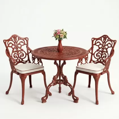 Yuvarlak 2 Kişilik alüminyum döküm masa, Ferfforje sandalye metal  balkon bahçe takımı kiremit kırmızı