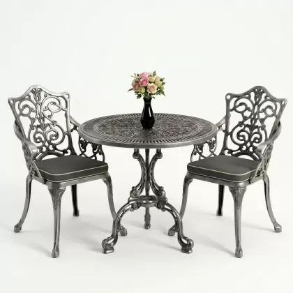 Yuvarlak 2 Kişilik alüminyum döküm masa, Ferfforje sandalye metal  balkon bahçe takımı gümüş silver