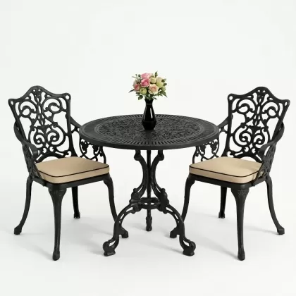 Yuvarlak 2 Kişilik alüminyum döküm masa, Ferfforje sandalye metal  balkon bahçe takımı siyah