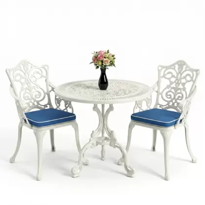 Yuvarlak 2 Kişilik alüminyum döküm masa, Ferfforje sandalye metal  balkon bahçe takımı beyaz