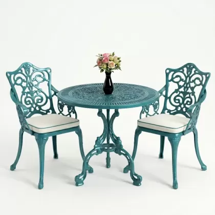 Yuvarlak 2 Kişilik alüminyum döküm masa, Ferfforje sandalye metal  balkon bahçe takımı turkuaz