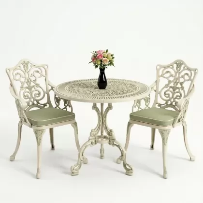 Yuvarlak 2 Kişilik alüminyum döküm masa, Ferfforje sandalye metal  balkon bahçe takımı yeşil patina