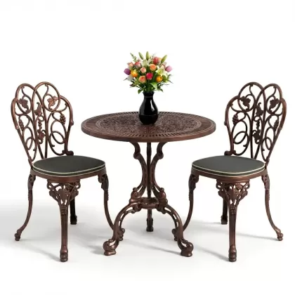 Yuvarlak 2 Kişilik alüminyum döküm masa, Ferfforje sandalye metal  balkon bahçe takımı bakır eskitme