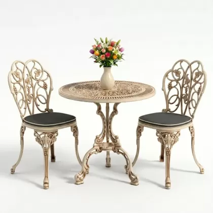 Yuvarlak 2 Kişilik alüminyum döküm masa, Ferfforje sandalye metal  balkon bahçe takımı beyaz eskitme