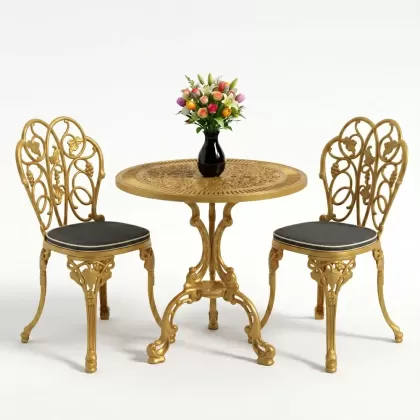 Yuvarlak 2 Kişilik alüminyum döküm masa, Ferfforje sandalye metal  balkon bahçe takımı gold altın