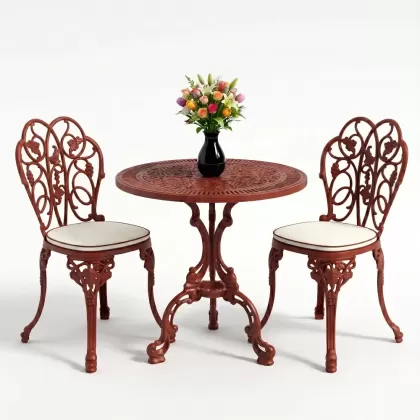 Yuvarlak 2 Kişilik alüminyum döküm masa, Ferfforje sandalye metal  balkon bahçe takımı kiremit kırmızı