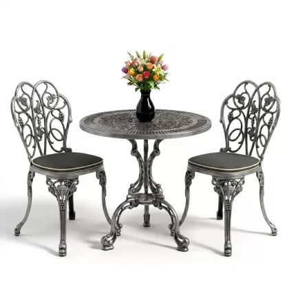 Yuvarlak 2 Kişilik alüminyum döküm masa, Ferfforje sandalye metal  balkon bahçe takımı silver gümüş