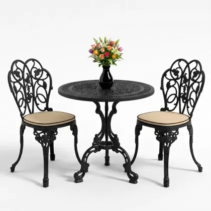 Yuvarlak 2 Kişilik alüminyum döküm masa, Ferfforje sandalye metal  balkon bahçe takımı siyah
